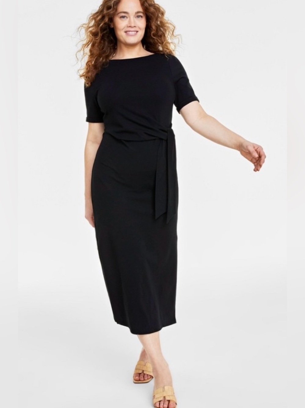 Women's Crewneck Wrap Tie Waist T-shirt Midi Dress S Black